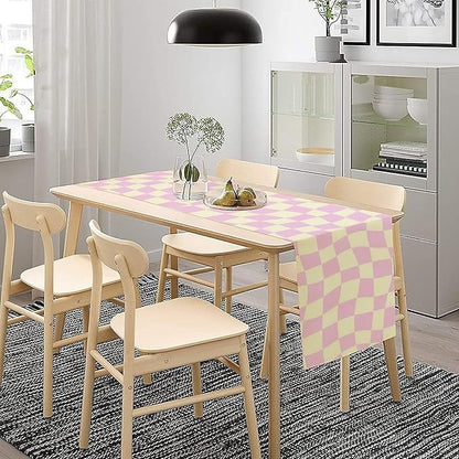 Hippie Table Runner Retro Geometric Square Purple Grid 60s70s Style Kitchen Restaurant Decoration for Indoor and Outdoor Wedding Party Table Runner 13x60 Inch