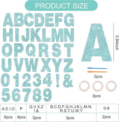 BEISHIDA 116 PCS Glitter Baby Blue DIY Letter Banner Kit Make Your Own Banner，Including 111 Letters and Numbers 3 Rope and 2 Threading Device,Customized for Birthday Graduation Wedding Party Decor