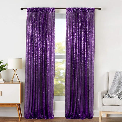 ShinyBeauty 4 Panels Purple Sequin Curtains | 2Ft x 8Ft Sparkle Photo Backdrop | Shimmer Background for Parties & Events | Mermaid Theme | Durable & Elegant Fabric Backdrop