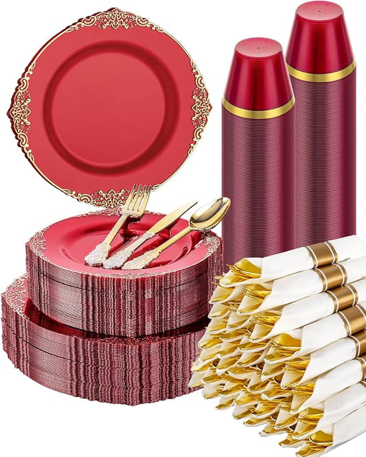 Goodluck 350 Piece Red Dinnerware Set for 50 Guests, Fancy Disposable Plates, Include: 100 Red Rim Plastic Plates, 150 Silverwares, 50 Pre Rolled Napkins, 50 Cups for Party, Wedding