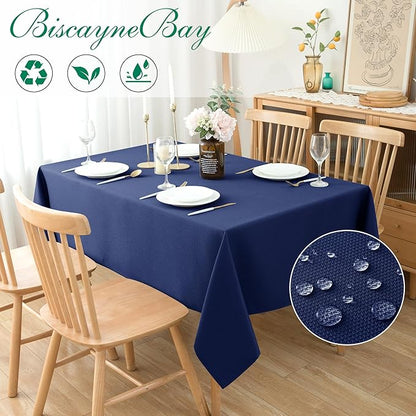 Biscaynebay Textured Fabric Tablecloths 60x84 Inches Rectangular, Navy Water Resistant Tablecloths for Dining, Kitchen, Wedding and Parties etc. Machine Washable