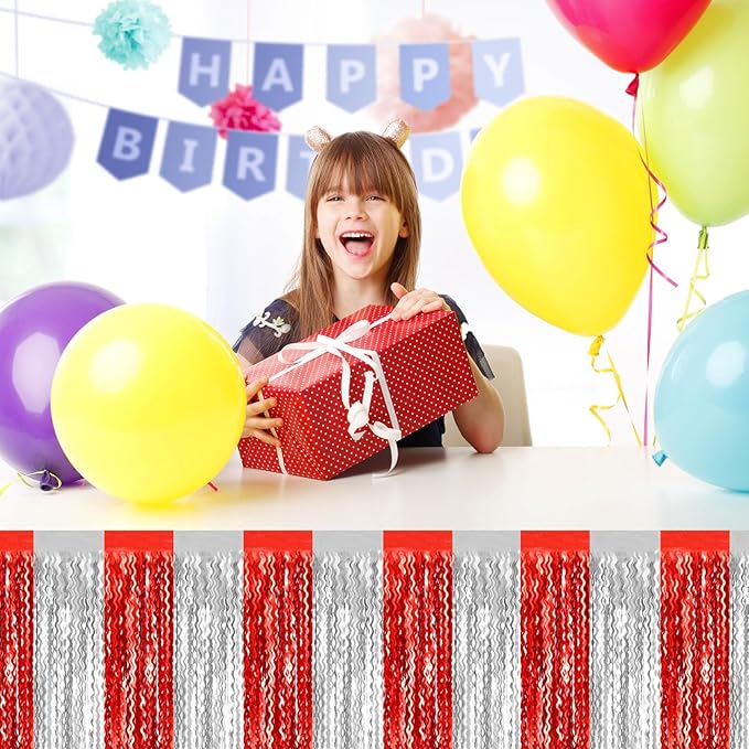 6 Pack 29 x108 Inch Red Silver Wave Foil Fringe Table Skirts Metallic Banner for Tinsel Streamer Garland Backdrop for Parade Floats, Mother's Day, Easter, Wedding, Birthday Party Decoration