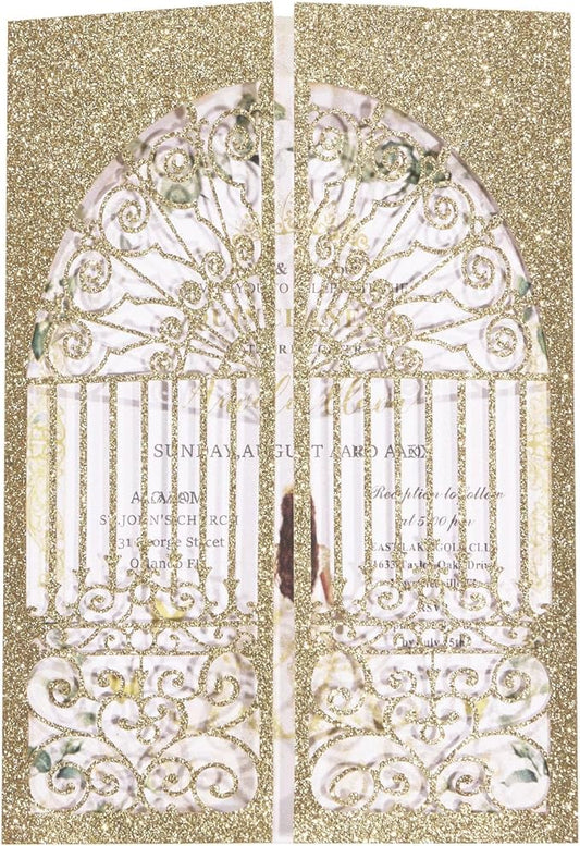 25Pcs Light Gold Glitter Laser Cut Wedding Invitation Kits with Envelopes and RSVP Cards Personalized Invitations for Sweet 16 Baby Bridal Shower Engagement Quinceanera Invite