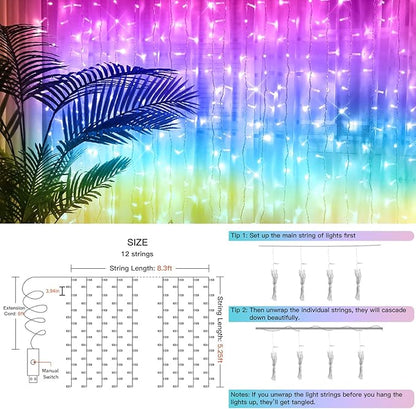 suddus Curtain Lights for Bedroom, 192 Led 8.3ft x 5.25ft Hanging String Lights Outdoor, Fairy Curtain Lights for Backdrop, Window, Wall, Wedding, Party, Garden, Porch, Birthday Decor Multicolor