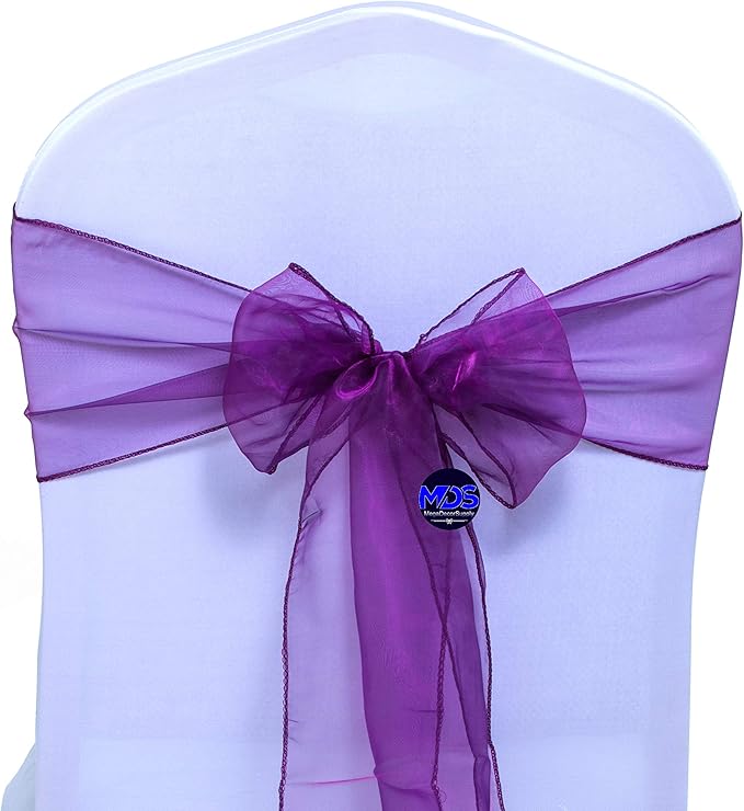 MDS Pack of 25 PCS Organza Chair Sashes Wider Dining Chair Bows Ribbon Tie Back for Wedding Party Birthday Bridal Shower Reception Event Banquet Home Chair Cover Decoration - Dark Purple