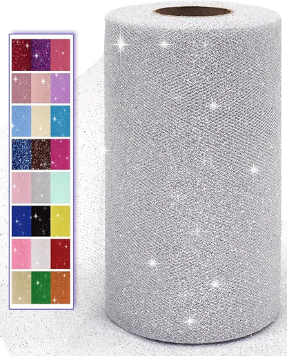 Glitter Tulle Fabric Rolls, 6 Inch 50 Yards (150ft) Sparkling Spool Ribbon Sequin Netting for Tutu Skirt Gift Wrapping Wedding Party Decoration (Silver)