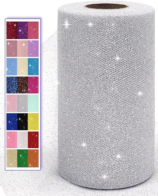 Glitter Tulle Fabric Rolls, 6 Inch 50 Yards (150ft) Sparkling Spool Ribbon Sequin Netting for Tutu Skirt Gift Wrapping Wedding Party Decoration (Silver)