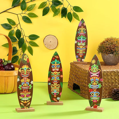 4 Pcs Surfboard Decorations for Party Welcome to Paradise Sign Tropical Bar Table Centerpieces Surfboard Beach Signs for Home Summer Theme Wood Tropical Birthday Party Decor(Tiki Style)