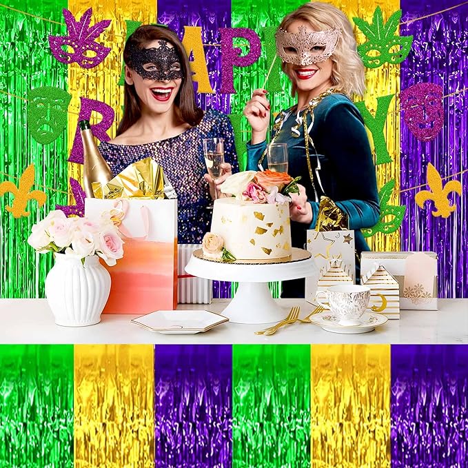 3 Pack Gold Green Purple Foil Fringe Table Skirts Metallic Tinsel Streamers Garland Banner Backdrop for Table Decor, Parade Float, Birthday, Wedding, Halloween, Christmas Party Decorations(29x108 In)
