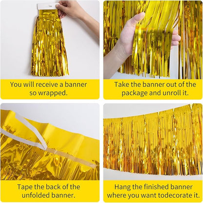 Gold Birthday Decorations Tinsel Garland Parade Float Decorations for Trailer 4Pack 12FT Christmas Party Decor Ceiling Fringe Banner Backdrop for Streamers Party Decorations