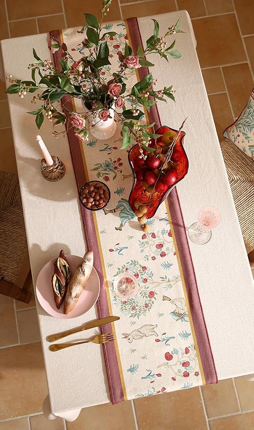 patdrea Designer Idyll Linen Table Runner, Vintage Beige Farmhouse with Ancient Spring Figure and Fruit Trees Pattern Table Mat, Decoration for Kitchen Dining Banquet Christmas ,12"*87"