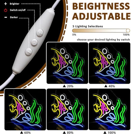 Tropical Fish Neon Sign for Wall Decor, Fish Led Signs for Room, USB Dimmable Neon Lights for Fish Shop Bar Home Pub Club Man Cave Party Store Office Restaurant Ocean Museum Decoration