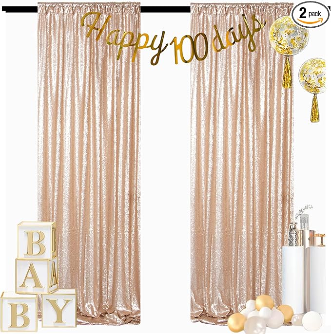 ShinyBeauty Champagne Backdrops 2 Pieces Sequin Curtains 4FTx7FT Photograph Backdrop Shimmer Curtain Panels Sparkle Fabric Glitter Background for Party Wedding Holiday New Year Decor