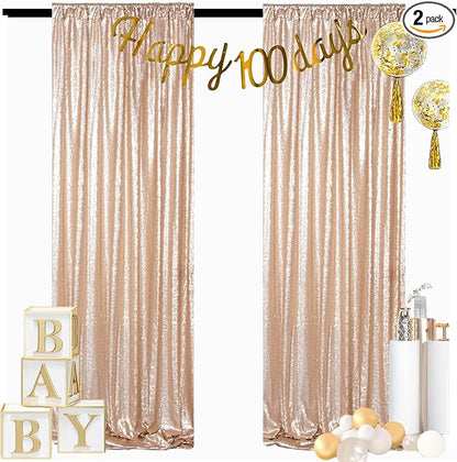 ShinyBeauty Champagne Backdrops 2 Pieces Sequin Curtains 4FTx7FT Photograph Backdrop Shimmer Curtain Panels Sparkle Fabric Glitter Background for Party Wedding Holiday New Year Decor