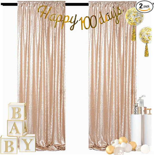 ShinyBeauty Champagne Backdrops 2 Pieces Sequin Curtains 4FTx7FT Photograph Backdrop Shimmer Curtain Panels Sparkle Fabric Glitter Background for Party Wedding Holiday New Year Decor