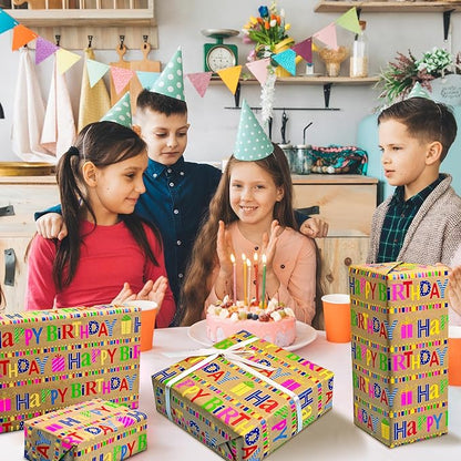 Yarcony Kraft Birthday Wrapping Paper Mini Roll, Gift Wrapping Paper, Heavyweight Brown Colorful Text Happy Birthday Gift Wrap Thick Paper for Present Packaging, Hioliday, All Age (17 Inch X 33 Feet)