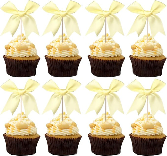 24 PCS Bow Cupcake Toppers Bow Cupcake Picks Bowknot Birthday Party Decorations Bowknot Cake Dessert Picks for Baby Shower Birthday Wedding Bridal Engagement Party Cake Decorations Supplies Yellow