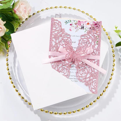 50PCS Pink Wedding Invitations Butterfly Laser Cut Invitation with Envelopes and Rsvp Card Personalized Inner Sheets for Wedding Bridal Baby Shower QuinceañEra Engagement Birthday