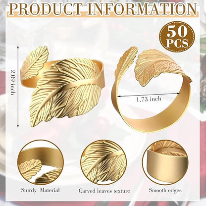 Bokon 50 Pcs Gold Napkin Rings Metal Leaf Napkin Holders Delicate Rings Bulk for Wedding Birthday Party Banquet Decoration(Willow Leaves)