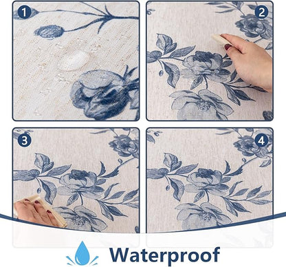 MYSKY HOME Rectangle 60x84 Inches, Tablecloth Linen Farmhouse Tablecloth Waterproof Decorative Grey Fabric Table Cloth for Kitchen Dining Floral Tablecloth for 8 Feet Table Blue Flower Tablecloth