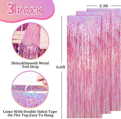 2 Pack Laser Pink Tinsel Foil Fringe Curtains, Mothers Day Pink Decorations, Metallic Tinsel Party Streamers Backdrop for Birthday Bachelorette Graduation Wedding Party Decorations