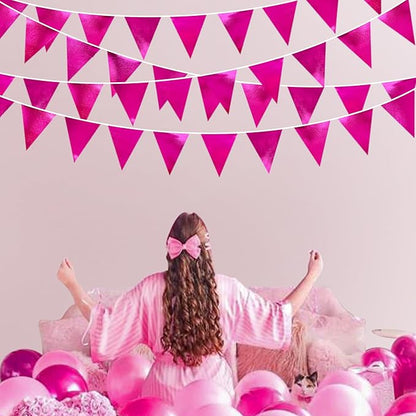 Hot Pink Party Decorations Triangle Pennant Banner Flag Rose Pink Metallic Fabric Bunting Garland for Birthday Bachelorette Wedding Bridal Shower Anniversary Flamingo Theme Party Supplies