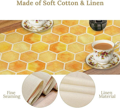 Honeycomb Bee Table Runner, Cute Abstract Geometric Yellow Honeycombs Print Table Cover for Kitchen Dining Table Indoor Outdoor Party Decor, 13x70inch
