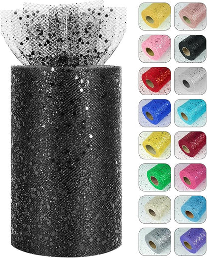 Glitter Tulle Rolls, 6” by 50 Yards (150FT) Sparkling Tulle Spool Ribbon Sequin Tulle Netting Fabric for Tutu Skirt Wedding Birthday Baby Shower (Black)