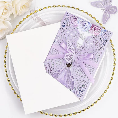 Purple Butterfly Laser Cut Wedding Invitations 50 Set, Hollow Out Rose Shaped Wedding Invites for Bridal Shower Quince Invitaciones Para Boda (Blank Inner Sheet, No Pattern)