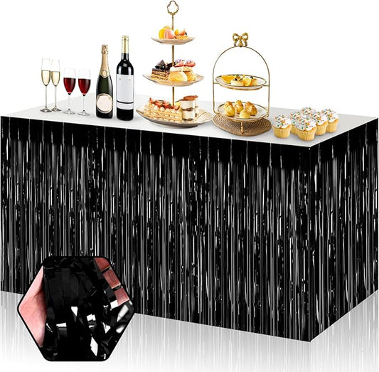 3 Pack 29x108 Inch Black Foil Fringe Table Skirts Metallic Banner for Tinsel Streamer Garland Backdrop for Parade Floats Wedding Thanksgiving Birthday Christmas Halloween Party Decoration