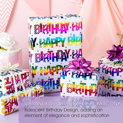 Yarcony Birthday Wrapping Paper Roll, Gift Wrapping Paper, Colorful Foil Girl Happy Birthday Gift Wrap Rainbow Present Paper for Kids Boys Girls, Holiday,Party,Baby Shower(17 Inch X 33 Feet)