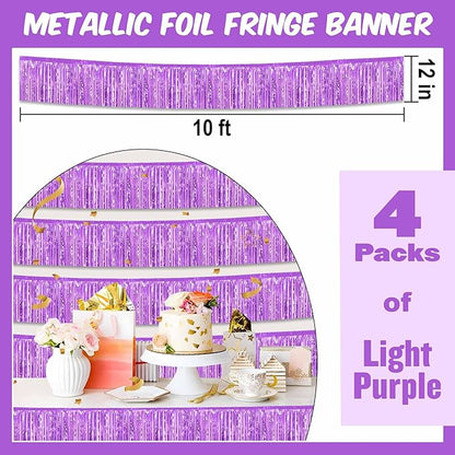 4 Pack 10 Ft Light Purple Foil Fringe Garland Metallic Streamers Tinsel Banner Wall Hanging Garland Backdrop for Parade Floats, Halloween, Christmas, Thanksgiving, New Year Party Decorations
