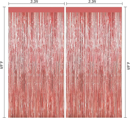 Rose Gold Tinsel Backdrop Birthday Decorations, 2Pack Foil Curtains Metallic Photo Backdrop Foil Fringe Curtains, Party Streamers Supplies for Wedding Xmas Graduation Bachelorette Disco Door Decors