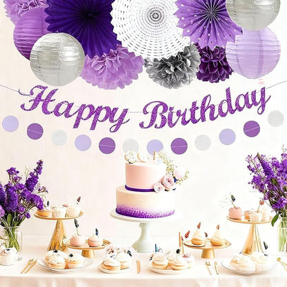 Purple and Silver Party Decorations-21PCS Happy Banner,Paper Lanterns Streamers,Tissue Pom Poms Honeycomb Flower Fan, Baby Bridal Shower Wedding Retirement Bachelorette Hanging Supplies Decor