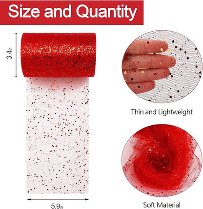 Glitter Tulle Rolls, 6” by 50 Yards (150FT) Sparkling Tulle Spool Ribbon Sequin Tulle Netting Fabric for Tutu Skirt Wedding Birthday Baby Shower (Red)