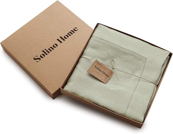 Solino Home Linen Tablecloth 60 x 108 Inch - Classic Hemstitch 100% Pure Linen Sage Green Table Cloth for Rectangle Tables - Machine Washable Tablecloth for Fall, Autumn, Thanksgiving, Christmas