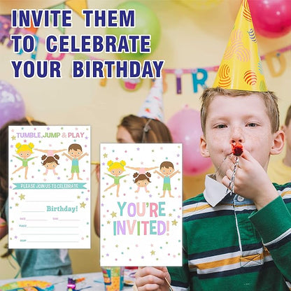 Gymnastics Birthday Party Invitation, Tumble Jump & Play Invite Cards（20 Count) With Envelopes, Fill In Style Invite Cards For Boys, Girls, Kids, Birthday Party Supplies-A46