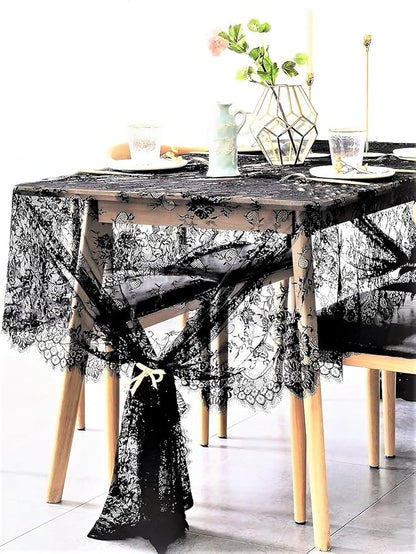 BOXAN Black Lace Tablecloth Overlay Rose Vintage Embroidered, Romantic Boho Wedding Reception Table Decor, Baby & Bridal Shower Décor, Elegant Chic Outdoor Tea Party Tablecover -120" x 60" Rectangular