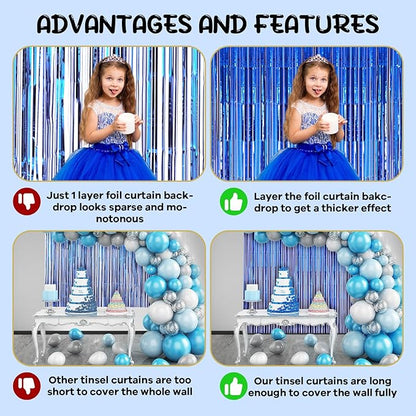 2 Pack Blue Foil Fringe Backdrop Curtains, Tinsel Streamers Birthday Party Decorations, Fringe Backdrop for Graduation, Baby Shower, Gender Reveal, Disco Party