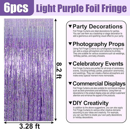 6 Pack Light Purple Foil Fringe Curtain Backdrop, 3.28Ft x 8.2Ft Metallic Tinsel Foil Fringe Streamer Curtains for Photo Booth, Christmas Day, New Year, Wedding Party Decorations