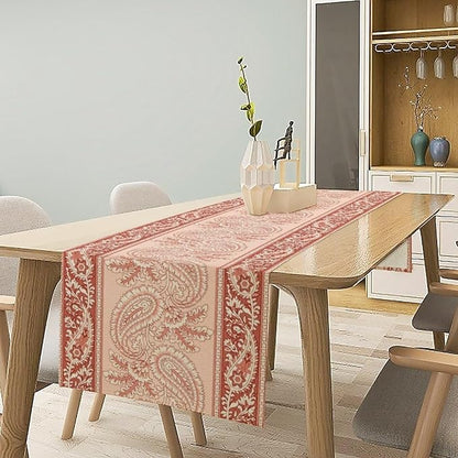 Pink Paisley Table Runner, Abstract Vintage Boho Paisley Flowers Leaves Print Table Runner for Home Kitchen Dining Room Wedding Party Decor, 13x70inch