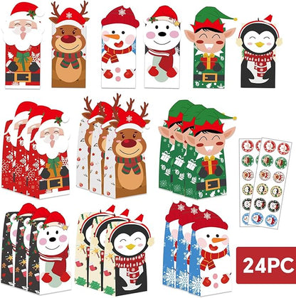 24PCS Christmas Treat Bags, 24PCS Christmas Stickers, Xmas Cookies Wrapping Gift for Classrooms Holiday Party Supplies