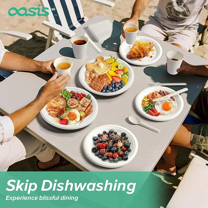 100-Pack Compostable Paper Plates Set – Includes 6" & 9" Heavy-Duty Sugarcane Plates (50 Each) – Eco-Friendly Disposable Plates for Meals, Snacks, and Parties-Natural (White)