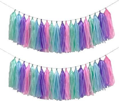 Blue Purple Mint Green Pink Tissue Paper Tassel Garland,Tissue Tassel Banner for Party Decorations,Pack of 20