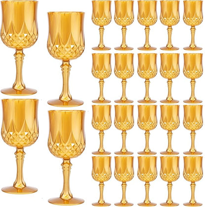 JLYLOL Plastic Vintage Wine Glasses 7OZ Plastic Goblets Vintage Drinking Glasses 24PCS Retro Wedding Glassware Water Goblets Reusable Drinking Cups for Party,Reception,Celebration,Bar,Whiskey(Amber)