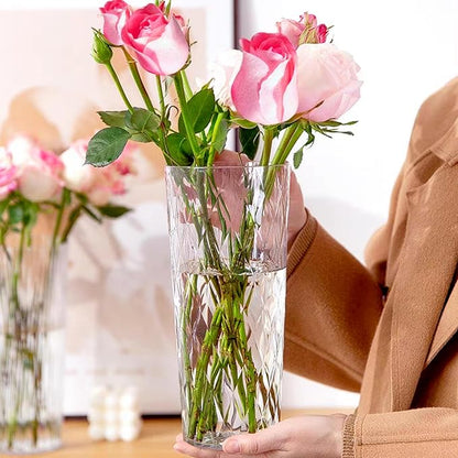 2 Clear Crystal Plastic Flower Vase, 10.2" Acrylic Rose Bouquet Vases for Home Decor Centerpieces Wedding Birthday Mothers (D4.6 2 + 2 Holder)