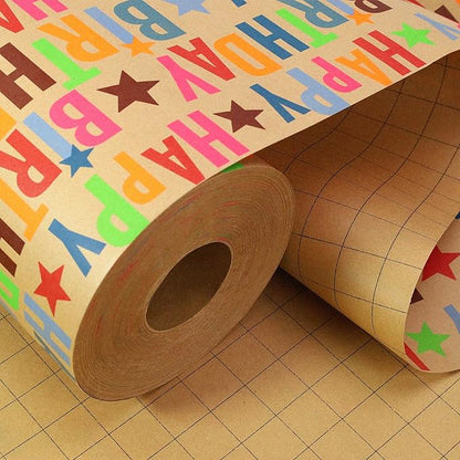 LaRibbons Birthday Wrapping Paper Jumbo 24 Inch x 417 Feet(834 sq. ft. ttl.) Half Ream Kraft Gift Wrap Paper with Colorful Text Happy Birthday Pattern for Baby Shower Holiday Party