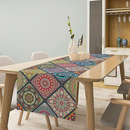 Boho Bohemian Table Runner, Vintage Indian Floral Print Table Cover for Farmhouse Kitchen Dining Table Decor Holiday Party, 13x36inch