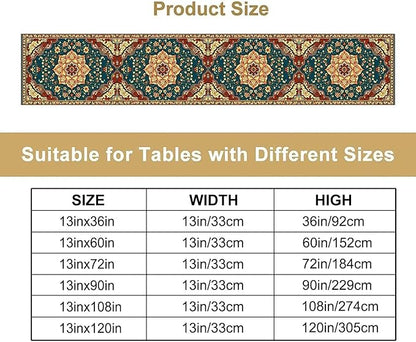Boho Rich Table Runner, Vintage Blue Teal Gold Retro Flower Rustic Country Style Floral Print Pattern for Home Kitchen Table Decor Dining Coffee Room Garden Party Decor 13x90in