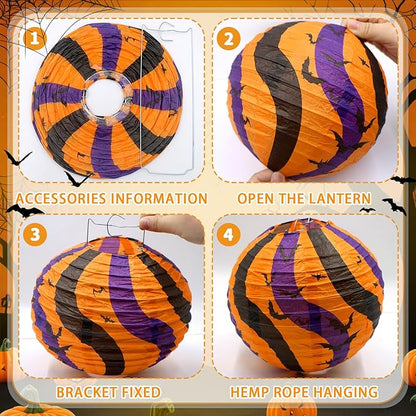 ADLKGG Halloween Party Decorations, Black Orange Purple Hanging Spider Bat Pumpkin Skeleton Paper Lantern for Halloween Birthday Decorations, Trick-or-Treating Events, Wedding,Garden Home Decor, 12pcs